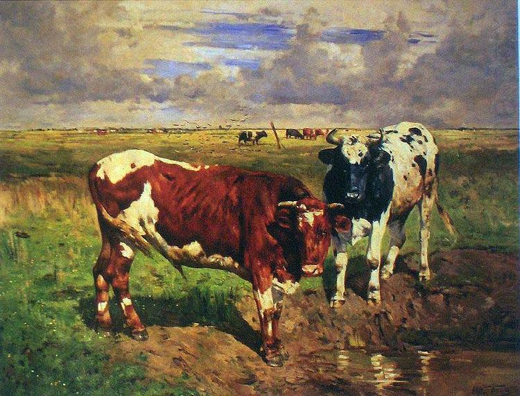 Young bulls at a watering place, unknow artist